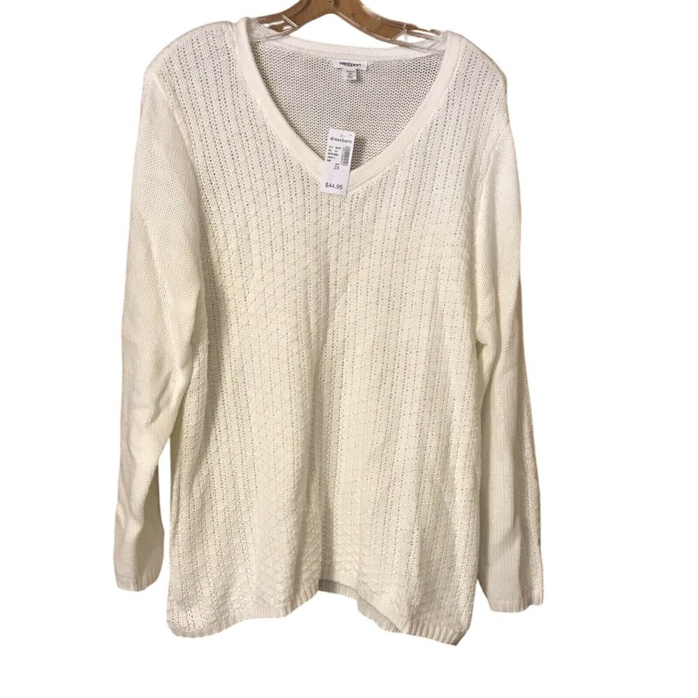 Westport Women's Size 2X Sweater Knit V-Neck Long Sleeve White New With Tags